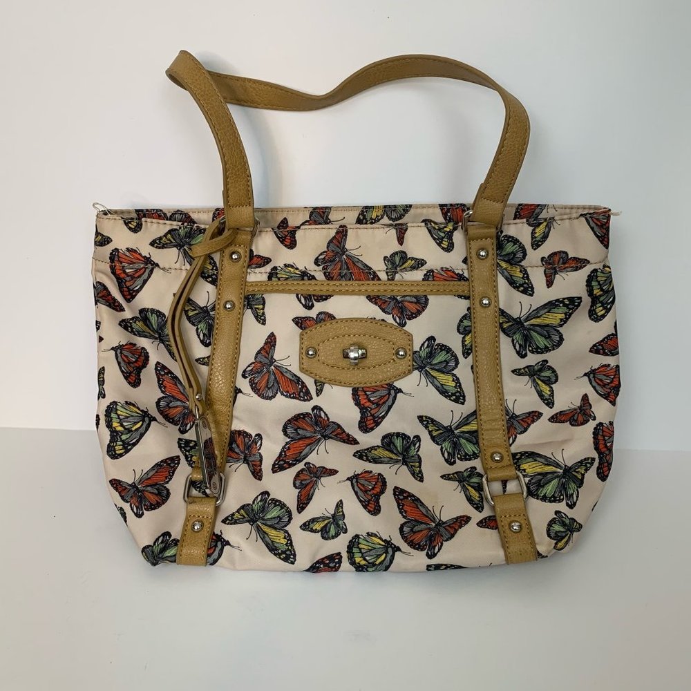 Nicole Miller Purse Butterfly Leather Handle Beige